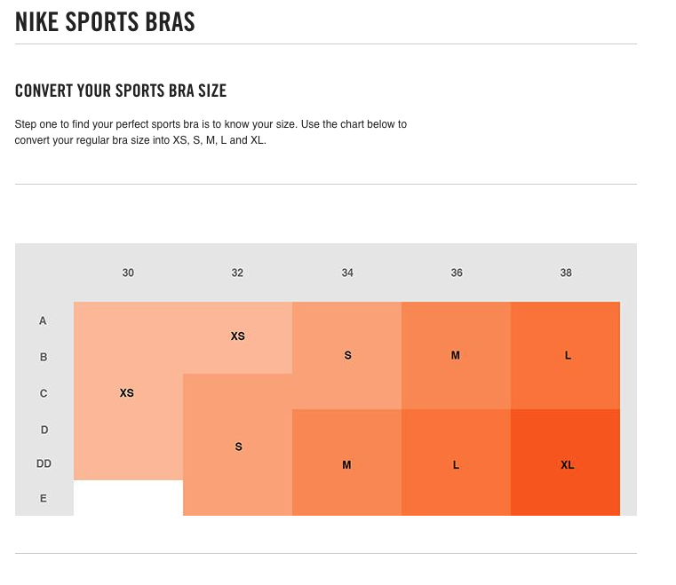 nike swoosh bra size chart